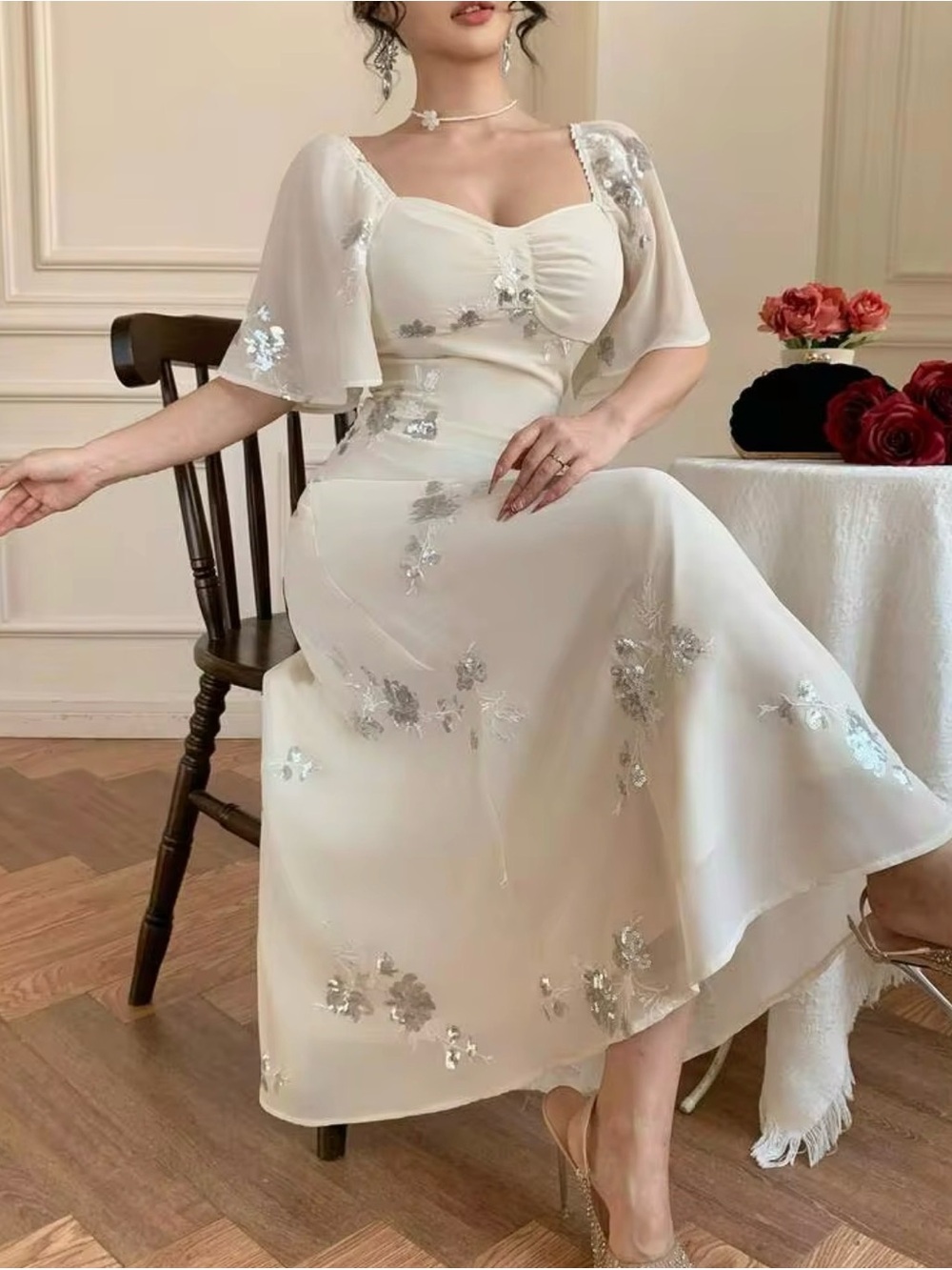 Cream Midi Dress with Silver Sequin Floral Embellishments, Ruffled Hem, Medium.